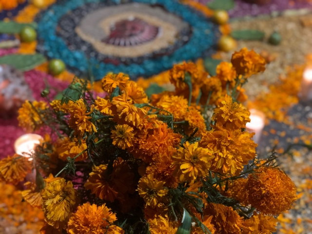 メキシコの死者の日の祭りのデコレーションとマリーゴールドの花