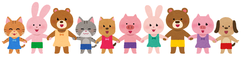 男の子と女の子のブタ、犬、クマ、猫、うさぎのキャラクターが水着姿で手をつないでいるイラスト