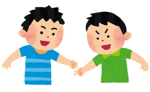 じゃんけんをする男の子2人 右の子は、チョキを出し、左の子はグーを出している。