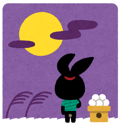 満月を見上げて、お月見団子を食べているうさぎ のイラスト