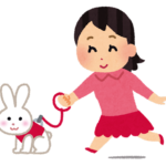 イラスト：ハーネスを付けたペットの白いウサギを散歩させている、かわいい女の子