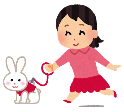 イラスト：ハーネスを付けたペットの白いウサギを散歩させている、かわいい女の子